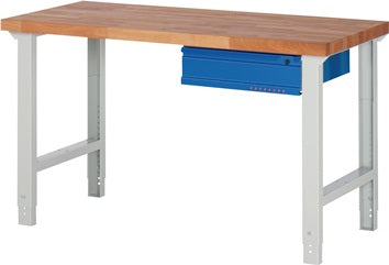 Werkbank Ser.BK 650 B1500xT700xH790-1140mm Buche massiv grau blau 1 Schubl.