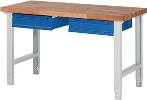 Werkbank Ser.BK 650 B1500xT700xH790-1140mm Buche massiv grau blau 2 Schubl.