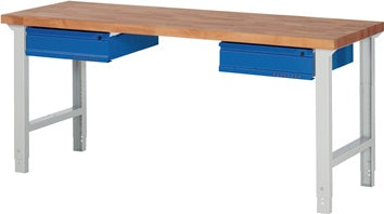 Werkbank Ser.BK 650 B2000xT700xH790-1140mm Buche massiv grau blau 2 Schubl.