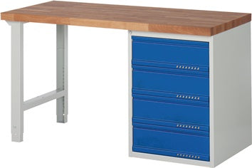 Werkbank Ser.BK 650 B1500xT700xH840mm Buche massiv lichtgrau enzianblau 4Schubl.