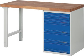 Werkbank Ser.BK 650 B1500xT700xH840mm Buche massiv lichtgrau enzianblau 5Schubl.