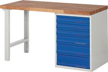 Werkbank Ser.BK 650 B1500xT700xH840mm Buche lichtgrau enzianblau 6 Schubl.PROMAT