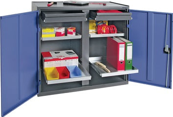 Werkzeug-/Beistellschrank H1000xB1000xT500mm 2 Schubl. 4 BD grau/blau NCS PROMAT