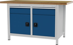 Werkbank signalblau lichtgrau B1500xH859xT750mm Buche Multipl.40mm 2 Schub.2 Tür