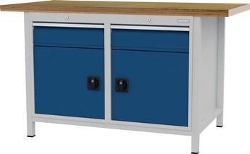 Werkbank signalblau lichtgrau B1500xH859xT750mm Buche Multipl.40mm 2 Schub.2 Tür