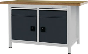 Werkbank grau lichtgrau B1500xH859xT750mm Buche Multiplex 40mm 2 Schubl.2 Türen