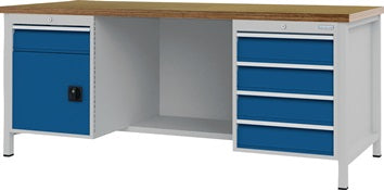 Werkbank signalblau lichtgrau B2000xH859xT750mm Buche Multipl.40mm 5 Schub.1 Tür