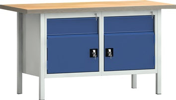Werkbank PW 700 B1500xT700xH840mm Buche Multiplex grau enzianblau 2Schubl.2Türen