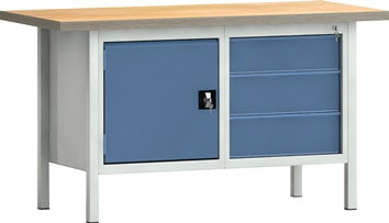 Werkbank PW 700 B1500xT700xH840mm Buche Multiplex lichtgrau grau 3 Schubl.1 Tür