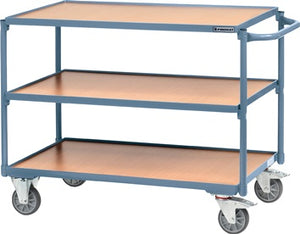 Tischwagen 3 Ladeflächen L850xB500mm blau Trgf.300kg Schiebebügel waagerecht