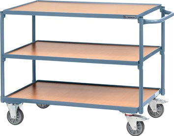 Tischwagen 3 Ladeflächen L850xB500mm blau Trgf.300kg Schiebebügel waagerecht